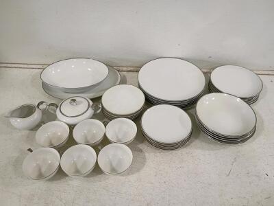 Elegant White Porcelain China Set with Platinum Trim, 40 Pieces, Service for 6, Includes Serving Pieces