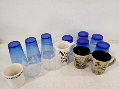 Assorted Lot of 15 Drinkware & Plate &ndash; Blue Plastic Tumblers, Glasses, Mugs, Diner Cup, Plate