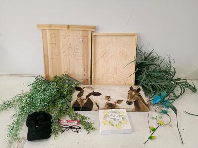 Mixed Lot Home Decor: Garden Stakes, Wall Art, Nike Cap & Eyeglasses