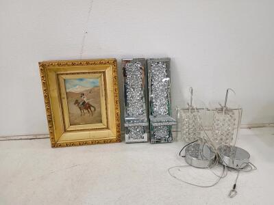 Framed 'Indian Trapper' Western Art Print, Pair Mirrored Crystal Wall Shelves & Pendant Chandeliers