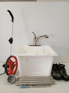 Utility Sink with Faucet, Lufkin 12" Measuring Wheel, Dannto Camo Boots - Used Set