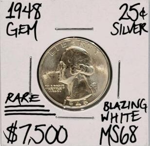 1948 Washington Quarter MS68, Silver 25c, Rare &ldquo;Gem,&rdquo; Blazing White, Coin Collectible
