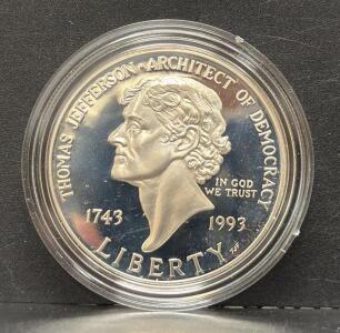 1993 Thomas Jefferson 250th Anniversary Silver Dollar Proof Coin with Original Packaging
