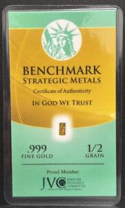 Benchmark Strategic Metals 0.5 Grain .999 Fine 24K Gold Bar Sealed Assay Card, USA, Serial 1025989
