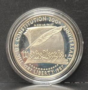 1987 Constitution Bicentennial Silver Dollar Proof, Original Box & COA, 90% Silver, S Mint