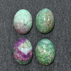 4 Dyed Crackle Quartz Oval Cabochons &ndash; Green & Pink, 25x18mm, Polished Gemstones