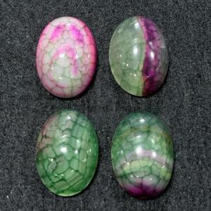Set of 4 Dyed Crackle Agate Oval Cabochons &ndash; 1.0x0.8in, Polished, Green & Pink, Jewelry Grade