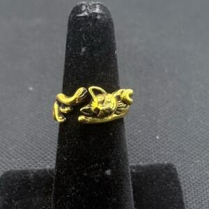Gold Plated 925 Sterling Silver Cat Wrap Ring, Animal Motif, Adjustable Band, 3D Design