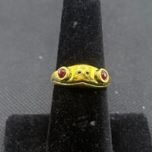 Gold-Plated Sterling Silver Frog Motif Adjustable Ring, Red Cabochon Accents, 925M Marked