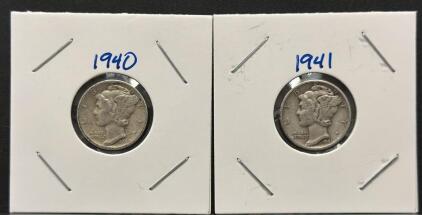 1940 & 1941 Mercury Dimes, 90% Silver, Circulated Condition