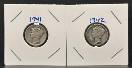 1941 & 1942 S Mercury Silver Dimes, San Francisco Mint, 90% Silver, Circulated