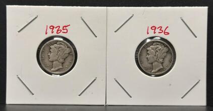 1935-D & 1936-D Mercury Dimes, 90% Silver, Winged Liberty Head, Denver Mint, Adolph Weinman Design