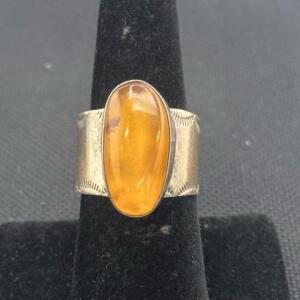 Vintage Sterling Silver Amber Ring with Hammered Band, Marked "V. NZ"