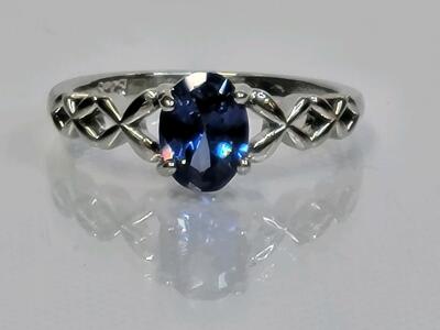 Blue Sapphire Oval Cut Faceted .925 Silver Ring, Size 8