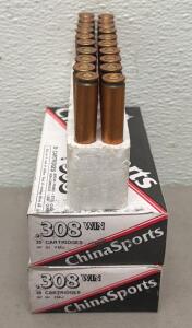 Norinco ChinaSports .308 Win 147gr FMJ Steel Case Non-Corrosive Ammo, 2 Boxes, 40 Rounds