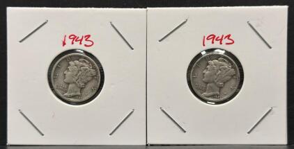 (2) 1943-D Mercury Dimes, 90% Silver, Circulated Condition, Set of Two