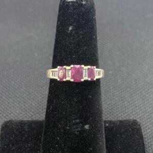 14K Yellow Gold Ring with 3 Oval-Cut Rubies and 4 Baguette Diamonds
