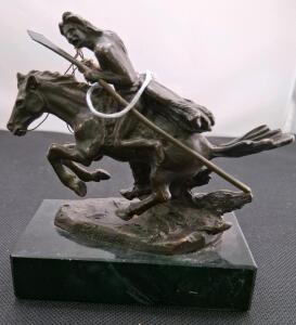 Andrea by Sadek Remington "The Cheyenne" Bronze Sculpture on Marble Base, Italy, Signed & 1928 Mexico 1 Centavo Coin, Bronze, Mexico City Mintmark "M", Plain Edge