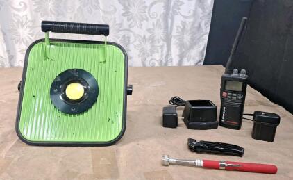 (1) Monster Tools 50w COB Cordless Flood Light W/ Bluetooth Speaker, (1) Standard Horizon HX350S Submersible Handheld Marine VHF Radio, W / Charging Dock, & Extra Battery Pack, (1) Spring Loaded Pocket Knife & (1) Magnetic Pickup Tool