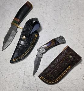 Custom Damascus Folding Knife & Fixed Blade Set, Wood Handles, Leather Sheaths, Engraved Bolsters