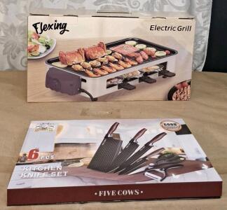 (1) Flexing, 1500W Electric Grill & (1) Five Cows 6-Piece Kitchen Knife Set