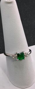 White Gold Emerald-Cut Emerald Ring with Diamond Accents, Size 9