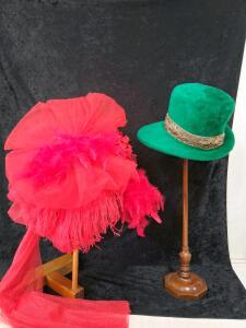Vintage Women's Wide Brim Hats &ndash; Green Felt with Gold Band & Pink Feathered Tulle
