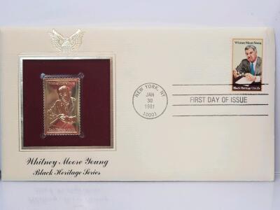 Whitney Moore Young Black Heritage 15c FDC with 22kt Gold Foil Replica, Issued January 30, 1981