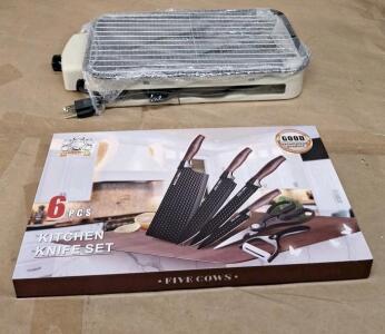 (1) 1000W Electric Grill & (1) Five Cows 6-Piece Kitchen Knife Set