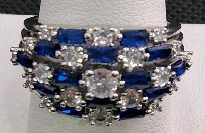 White Metal Multi-Row Sapphire and Diamond Ring, Baguette Sapphires, Round Diamonds, Size 9 1/2