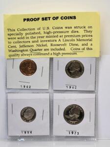 U.S. Proof Coin Set: 1962 Cent, 1962 Nickel, 1994 Dime, 1973 Quarter, Protected Display