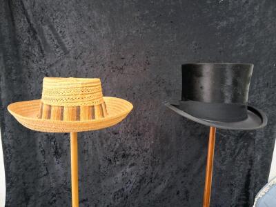 Vintage Black Top Hat & Woven Straw Boater, Tall Crown, Wide Brims