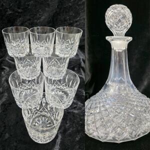 Cut Lead Crystal Decanter with Stopper and 8 Old Fashioned Glasses, Diamond & Fan Pattern