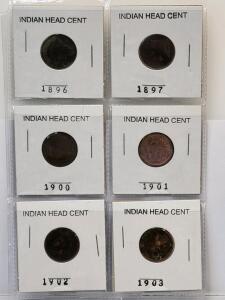 6-Coin Indian Head Cent Collection 1896, 1897, 1900, 1901, 1902, 1903 Consecutive Years Penny Set