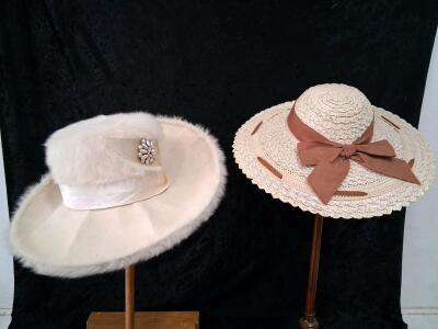 Vintage Wide-Brim Felt Hat with Fur Trim & Brooch and Straw Sun Hat with Brown Ribbon Bow