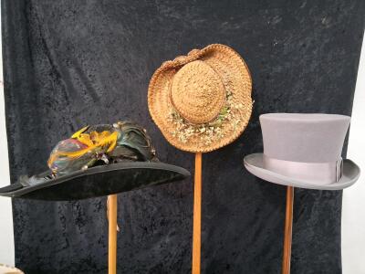 Antique Victorian & Edwardian Hat Collection: Silk Top Hat, Feathered Edwardian, Floral Straw Bonnet