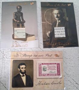 Abraham Lincoln, Albert Einstein, Ancient Artifact Relic Cards w/ Map, Text, Stamp Pieces