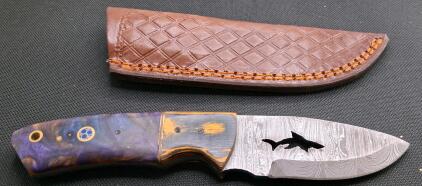 Custom Damascus Fixed Blade Knife with Shark Cutout and Multicolor Resin Handle