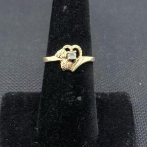 Yellow Gold Heart & Leaf Solitaire Ring, Diamond/CZ, Round Stone, Partial Hallmark &ldquo;COP&hellip;&rdquo;