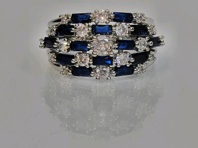 Mixed Blue & White Stone Faceted Sapphire Ring, Size 9