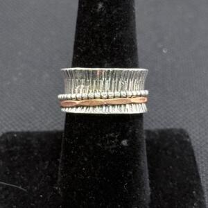 Wide Hammered Sterling Silver Spinner Ring with Beaded and Copper Bands, Textured Meditation Band