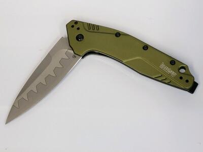 Kershaw 1812OLGB Link Folding Knife, D2 Blade, Olive Aluminum Handle, SpeedSafe, Made in USA