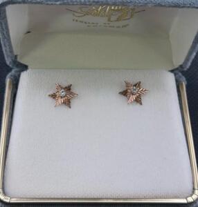 Black Hills Gold by Coleman 10K Tri-Color Star Leaf Stud Earrings with Diamond Center, Boxed