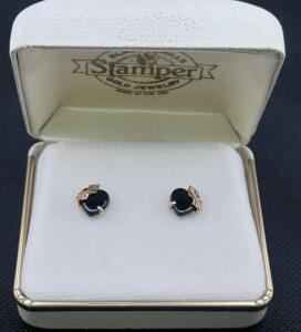 Stamper Black Hills Gold 10K Heart Stud Earrings with Black Onyx and Leaf Motif, Boxed
