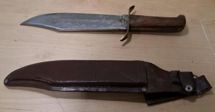 Large Fixed-Blade Bowie Knife with Wooden Handle and Leather Sheath, Approx 10&rdquo; Blade