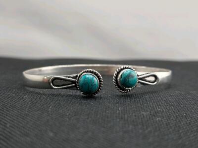 Sterling Silver Split-Shank Cuff Bracelet with Two Turquoise Cabochons, Rope Bezel Design