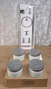 (1) 4-Pack Of Tried & True 14-Oz Scented Candles, Lush Lily & (1) Mainstays 4-Piece Chrome Bath Set