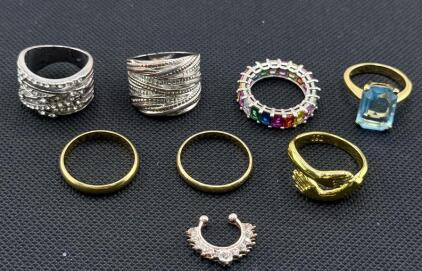 Mixed Lot of 9 Gold & Silver-Tone Rings, Gemstone & CZ, Rainbow, Bands, Toe Ring