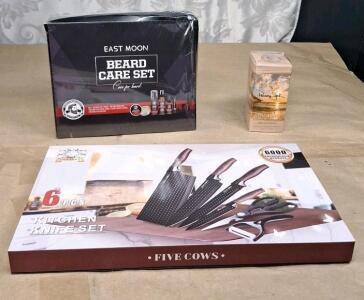 (1) Five Cows 6-Piece Kitchen Knife Set, (1) East Moon Beard Care Set & (1) Panama Jack - Pure Sunshine Unisex Eau de Toilette Spray 3.4 oz.
