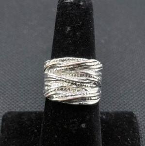 Wide Textured Sterling Silver Tone Band Ring, Wave Motif, Layered Designer Style, No Gemstones